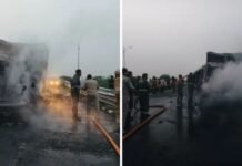बुंदेलखंड एक्सप्रेसवे पर डंपर में लगी भीषण आग, ड्राइवर ने इस तरकीब से बचाई जान